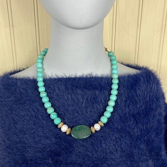 Stunning MIDWEST AMBER Genuine Pearl and Turquoise Necklace NWT - Picture 1 of 8